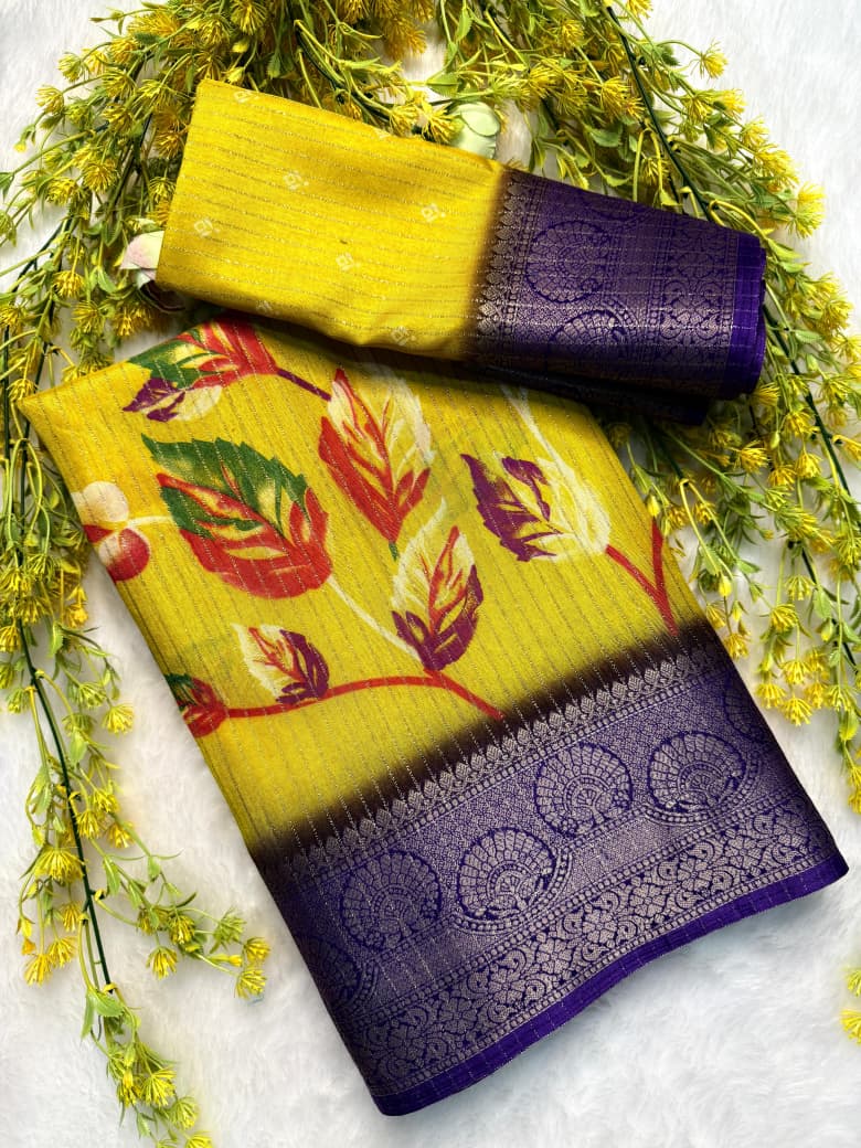 Kayatri New  Saree Fabric Heavy riko zari saree with zari weave stripes Padding discharge print on allover Saree