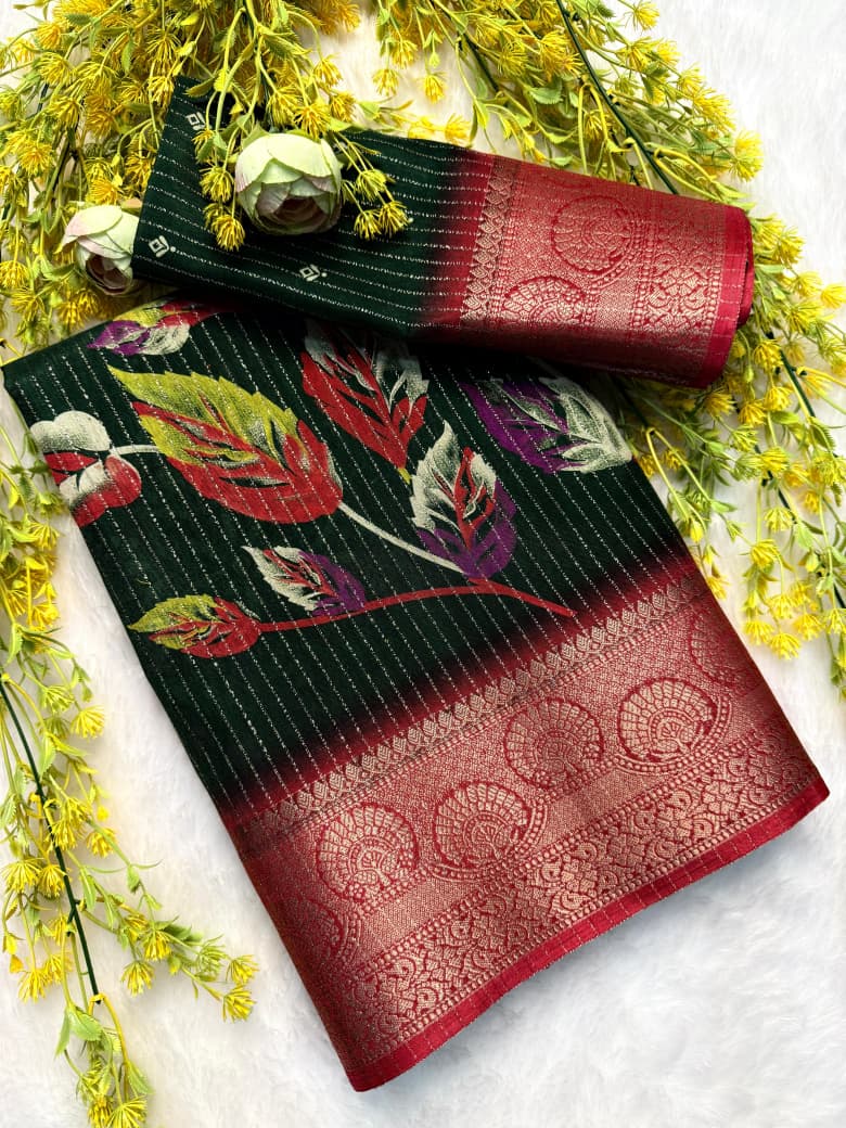 Kayatri New  Saree Fabric Heavy riko zari saree with zari weave stripes Padding discharge print on allover Saree