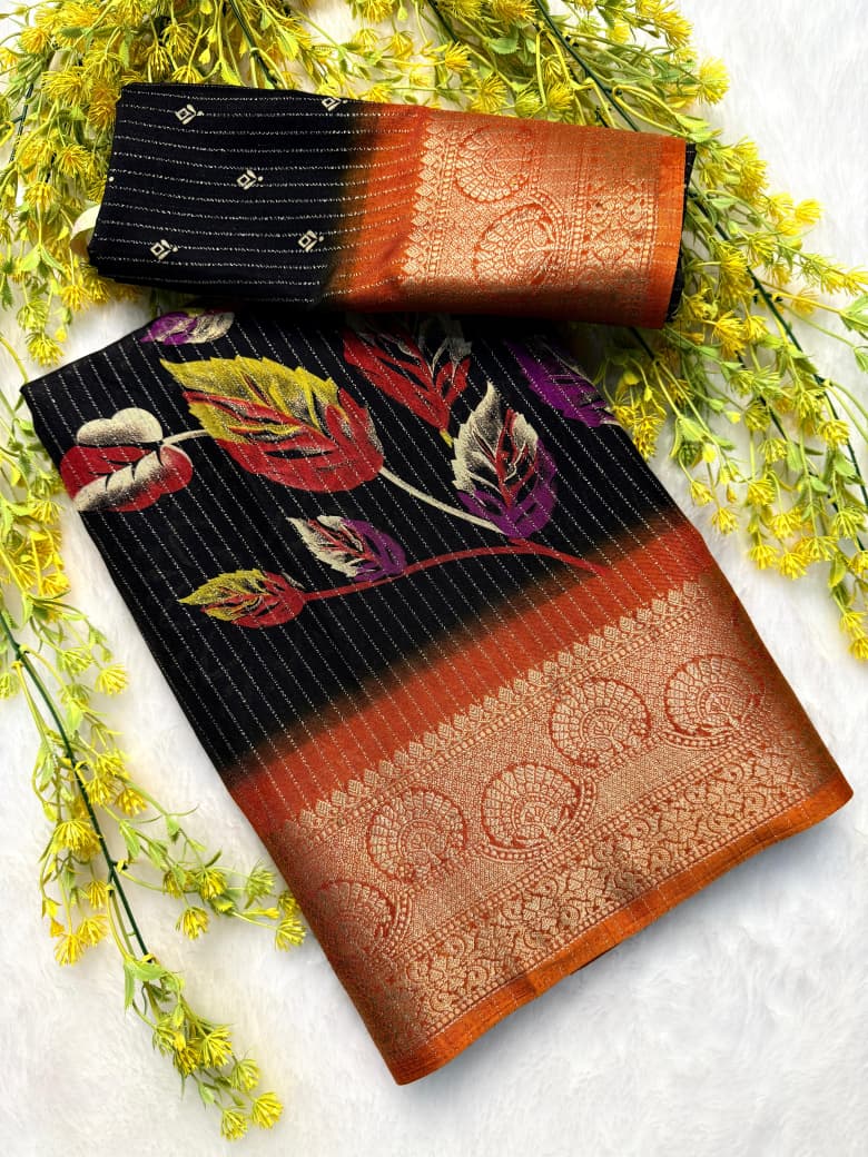 Kayatri New  Saree Fabric Heavy riko zari saree with zari weave stripes Padding discharge print on allover Saree