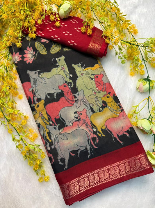 Kayatri New COTTON PREMIUM sarees  with pen kalamkari DESIGN  Contrast Zari weaving Hamsa borders Saree