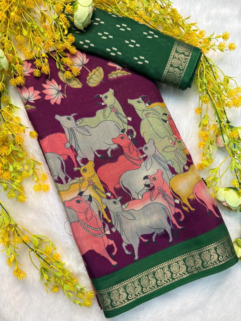 Kayatri New COTTON PREMIUM sarees  with pen kalamkari DESIGN  Contrast Zari weaving Hamsa borders Saree