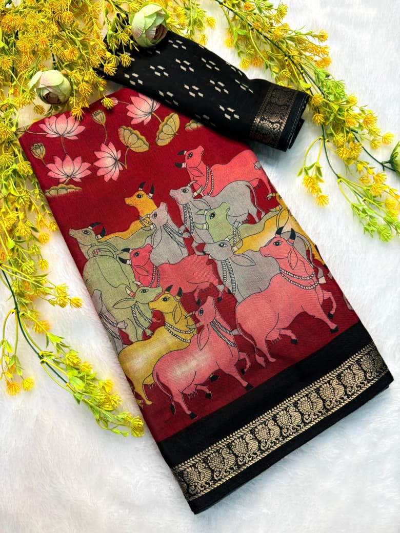 Kayatri New COTTON PREMIUM sarees  with pen kalamkari DESIGN  Contrast Zari weaving Hamsa borders Saree