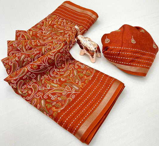 Kayatri New Perfect printed saree  with finest katha thread work  Fabric cotton crape Saree