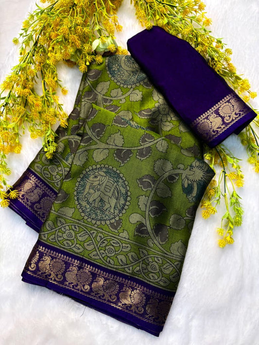 Kayatri New Soft bleck dola silk sarees with pen kalamkari design Saree