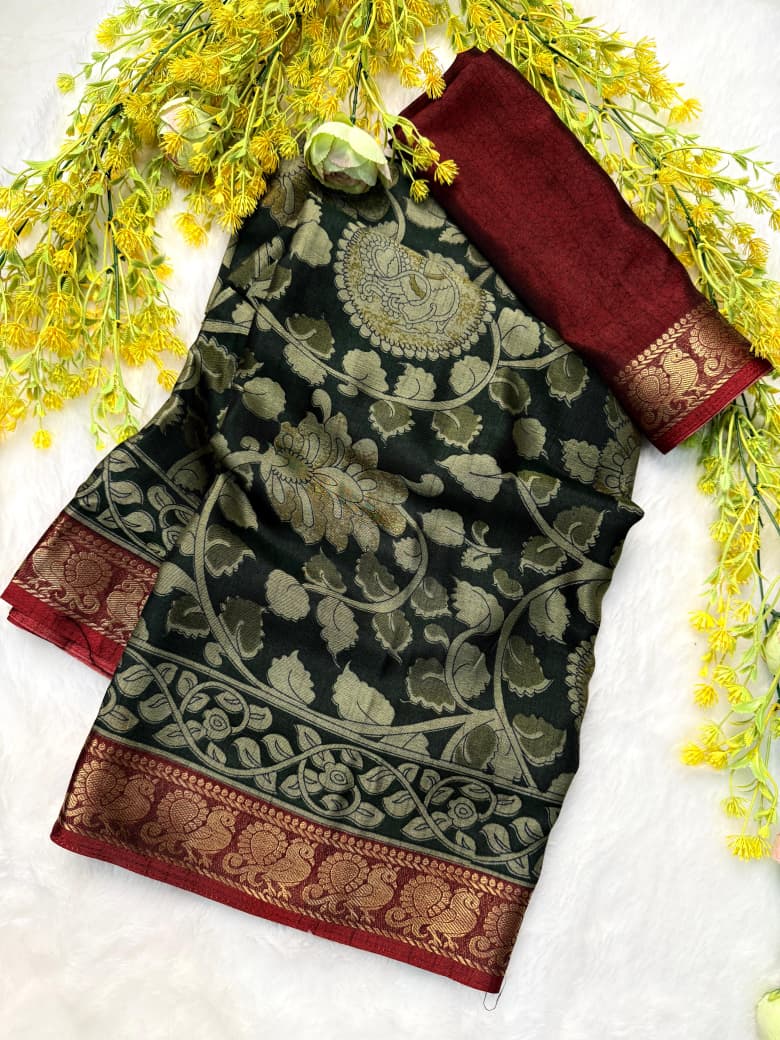 Kayatri New Soft bleck dola silk sarees with pen kalamkari design Saree