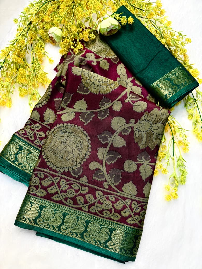 Kayatri New Soft bleck dola silk sarees with pen kalamkari design Saree
