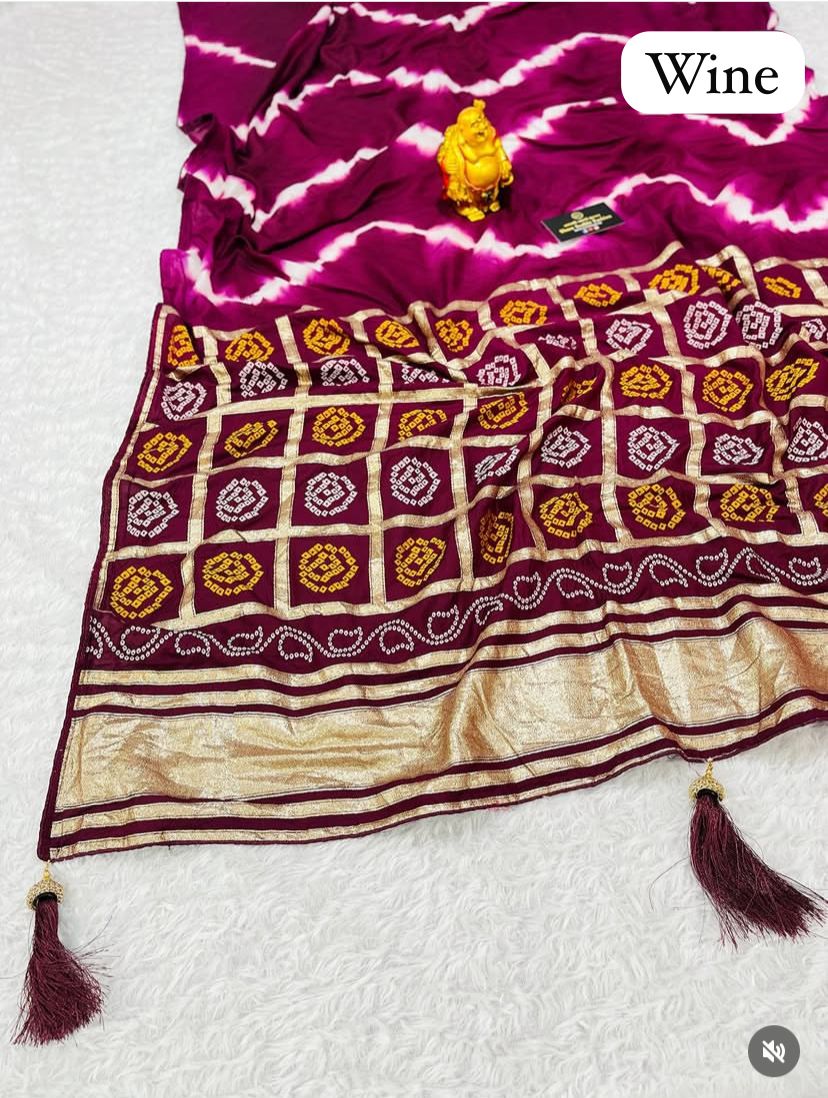 Kayatri New Special fancy  silk  fabrics with short rich palu bandhni lehriya concept design saree