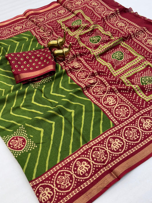 Kayatri New Beautiful tassar silk saree with all over  lehriya  with ptola design along with contrast  border Saree