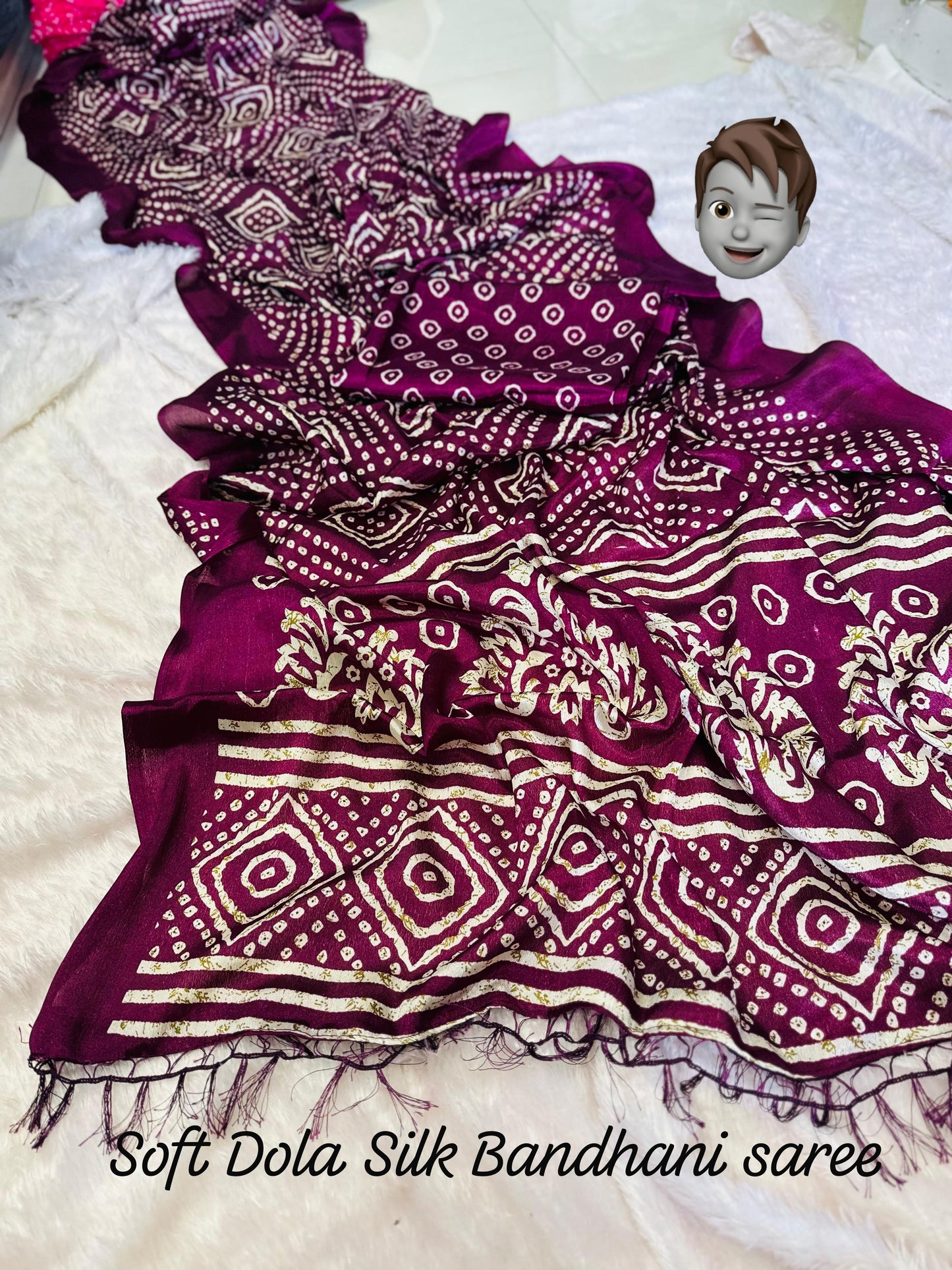 Kayatri New Soft DOLA SILK fabrics with  Bandhai fancy printed pallu Saree