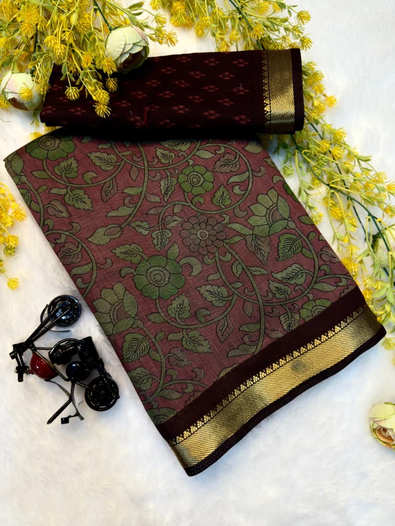 Kayatri New Soft Mangalagiri silk sarees  with pen kalamkari design