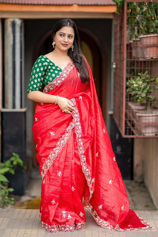 Kayatri New Elegant Red Paper Crush Saree with Banarasi Green Silk Blouse