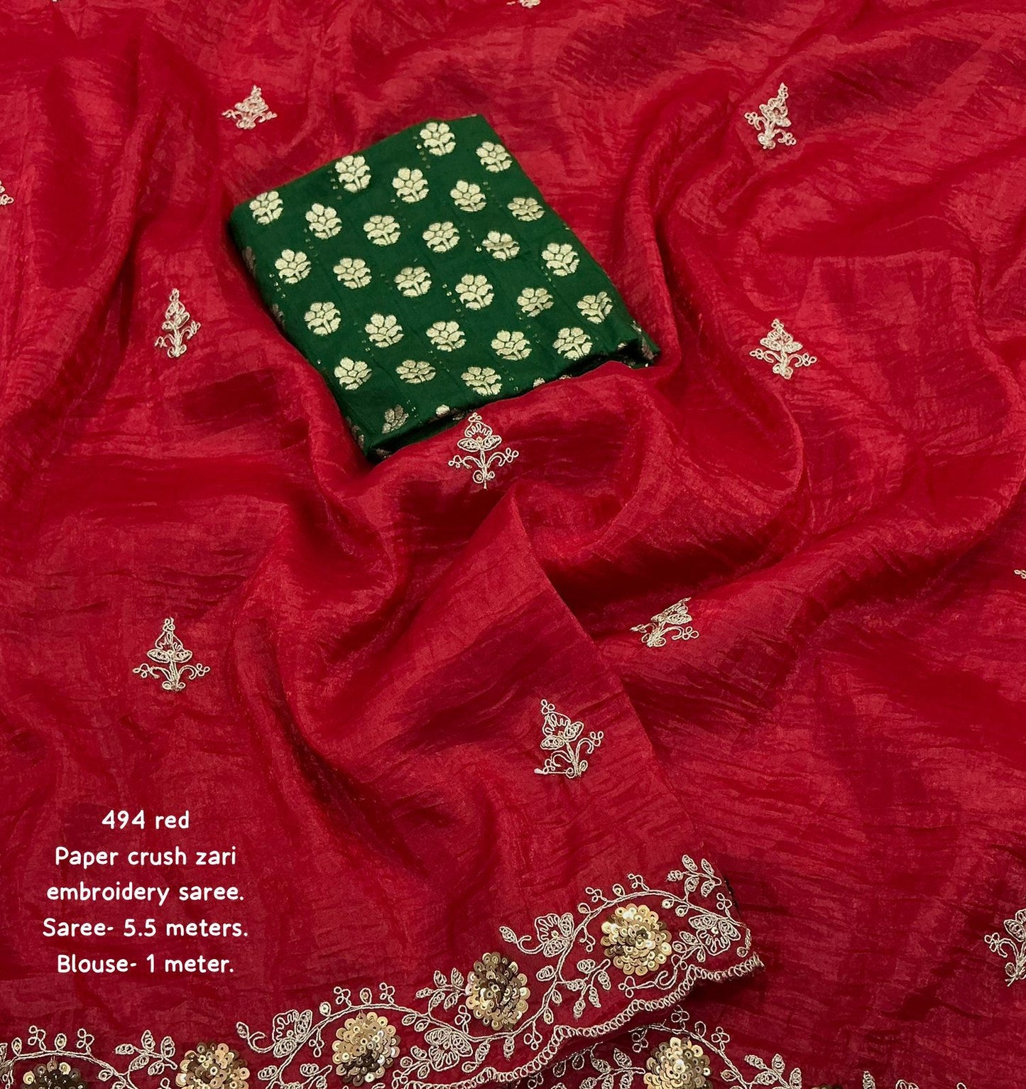 Kayatri New Elegant Red Paper Crush Saree with Banarasi Green Silk Blouse