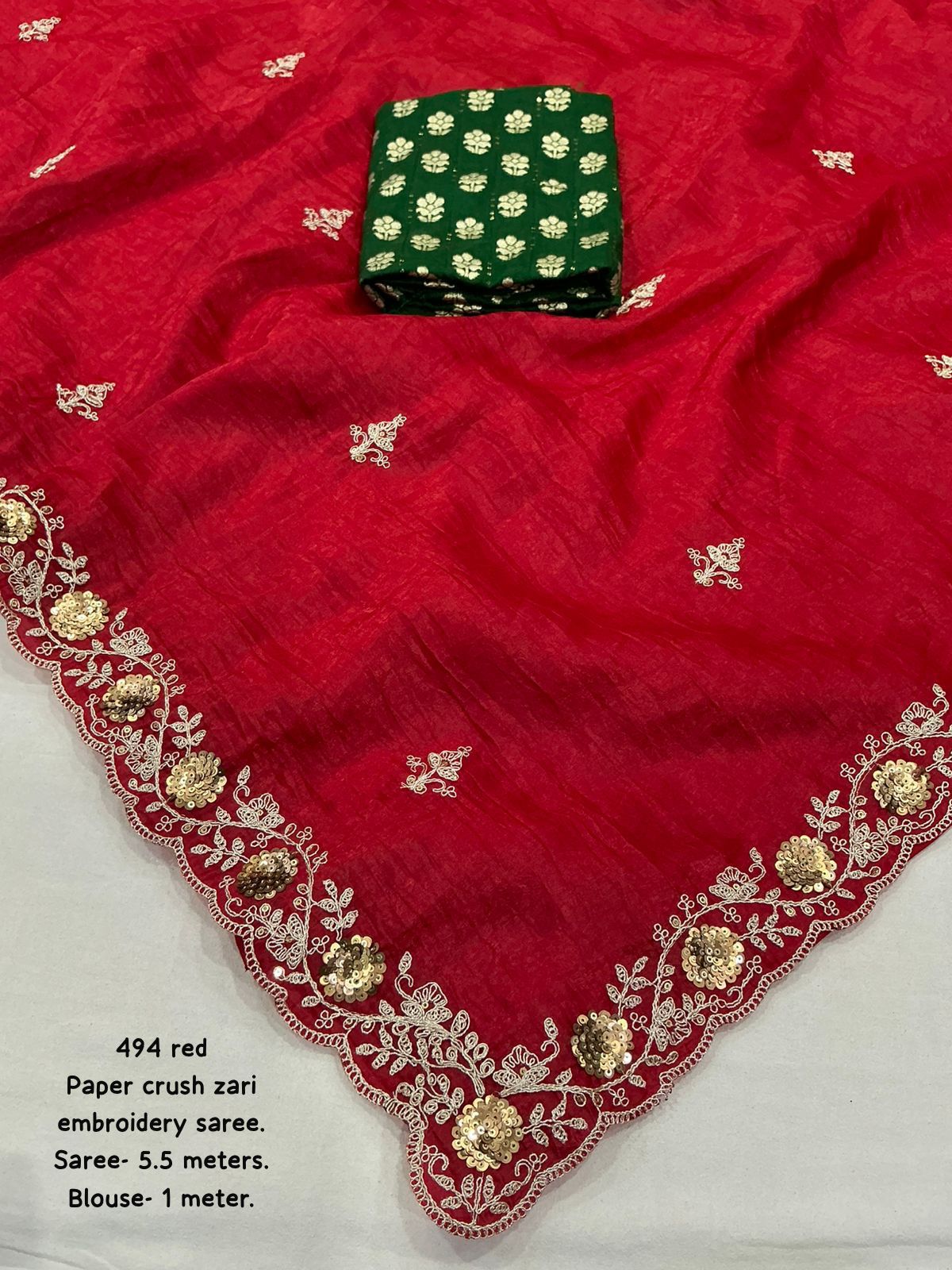 Kayatri New Elegant Red Paper Crush Saree with Banarasi Green Silk Blouse