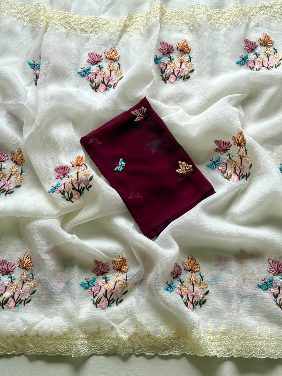 Kayatri New Pure crush Georgette chiffon  Saree with premium floral embroidery all over the Saree