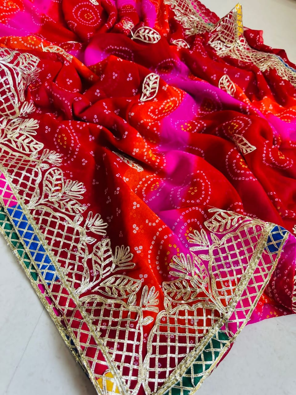Katatri New Exclusive Bandhej Georgette Saree with All Over Gota Patti Work