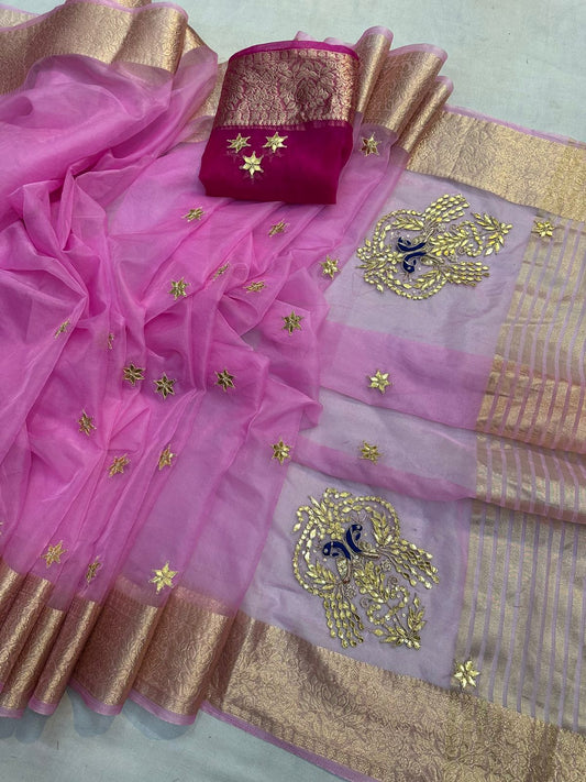 Kayatri New Luxury Organza Saree with Hand Gotta Patti Peacock Motifs & Contrast Blouse