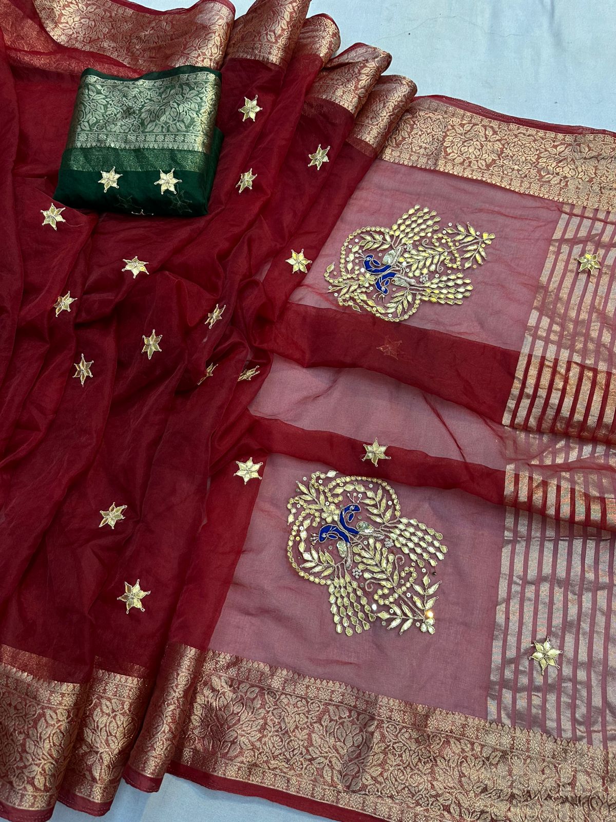 Kayatri New Luxury Organza Saree with Hand Gotta Patti Peacock Motifs & Contrast Blouse