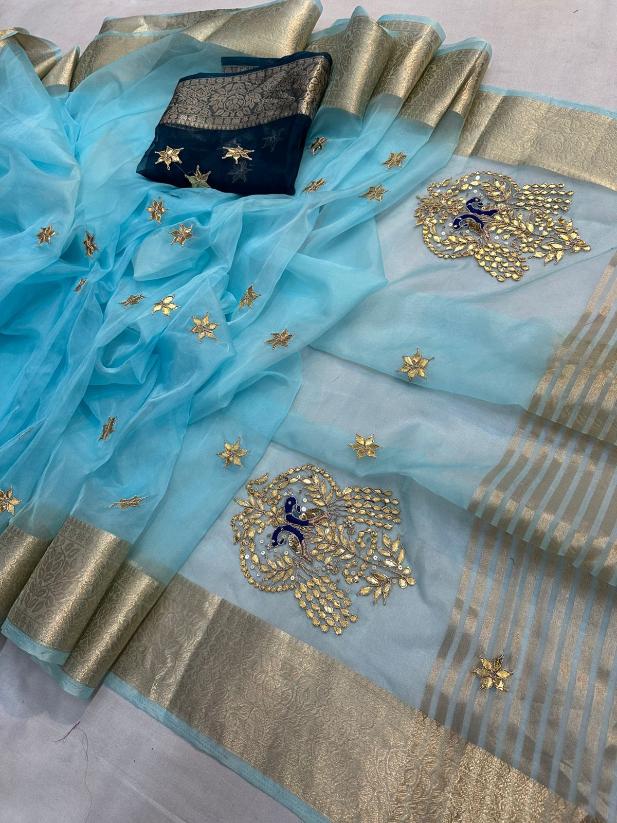 Kayatri New Luxury Organza Saree with Hand Gotta Patti Peacock Motifs & Contrast Blouse