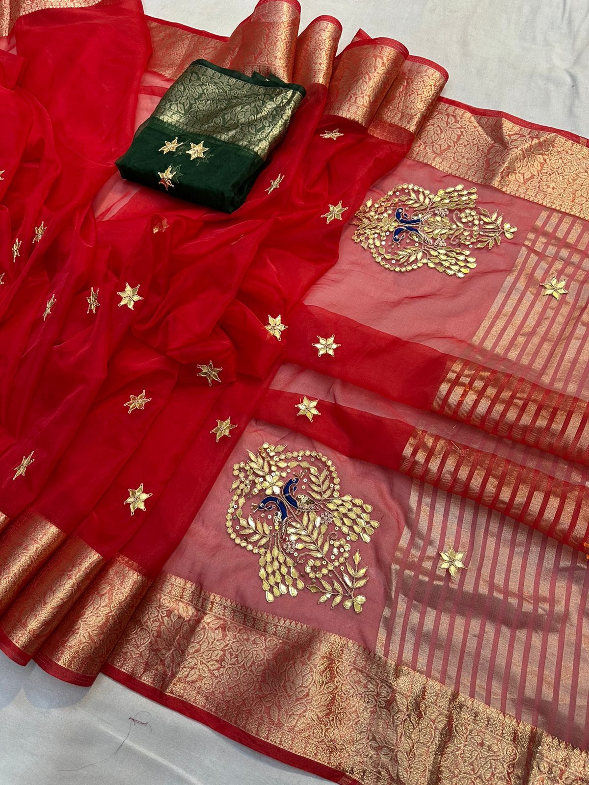 Kayatri New Luxury Organza Saree with Hand Gotta Patti Peacock Motifs & Contrast Blouse