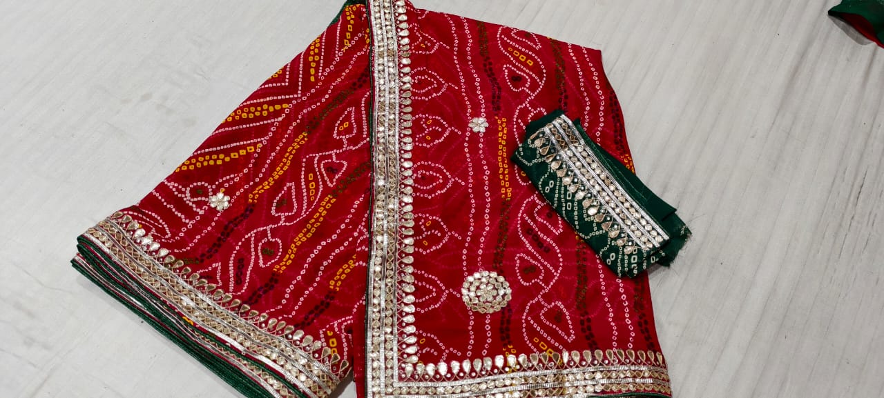 Kayatri New Karva Chauth Special Jaipuri Bandhej Georgette Saree with Gota Patti Work