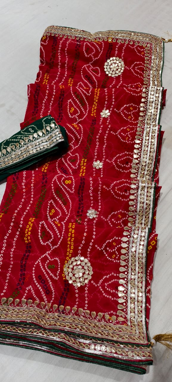 Kayatri New Karva Chauth Special Jaipuri Bandhej Georgette Saree with Gota Patti Work