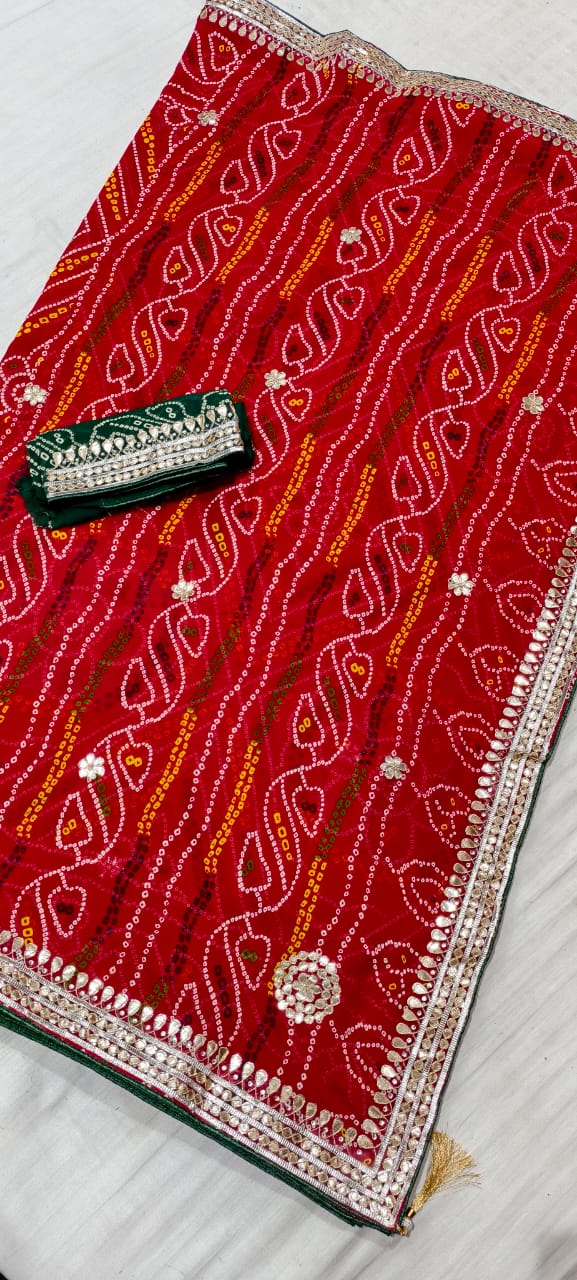 Kayatri New Karva Chauth Special Jaipuri Bandhej Georgette Saree with Gota Patti Work