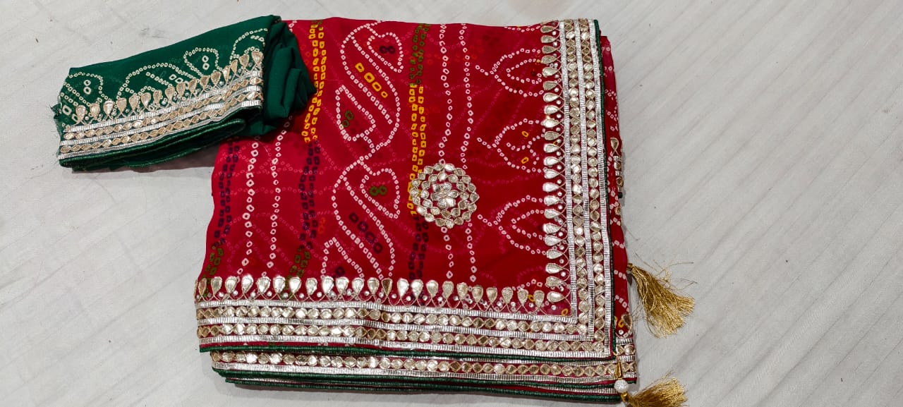 Kayatri New Karva Chauth Special Jaipuri Bandhej Georgette Saree with Gota Patti Work