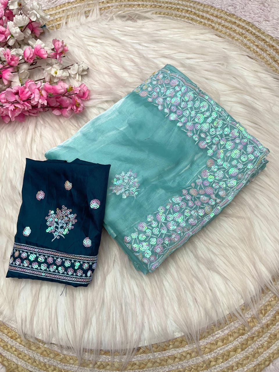 Kayatri New Luxury Party Wear Zimmy Choo Satin Saree with Arco Border & Matching Blouse