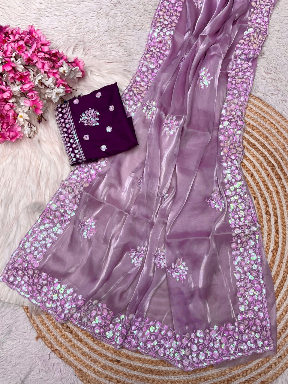 Kayatri New Luxury Party Wear Zimmy Choo Satin Saree with Arco Border & Matching Blouse