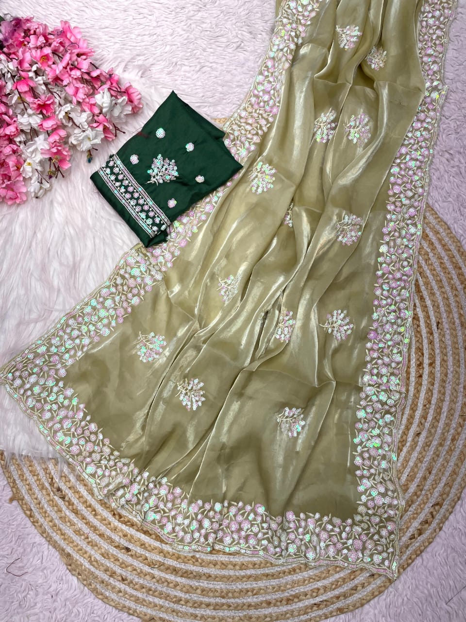Kayatri New Luxury Party Wear Zimmy Choo Satin Saree with Arco Border & Matching Blouse