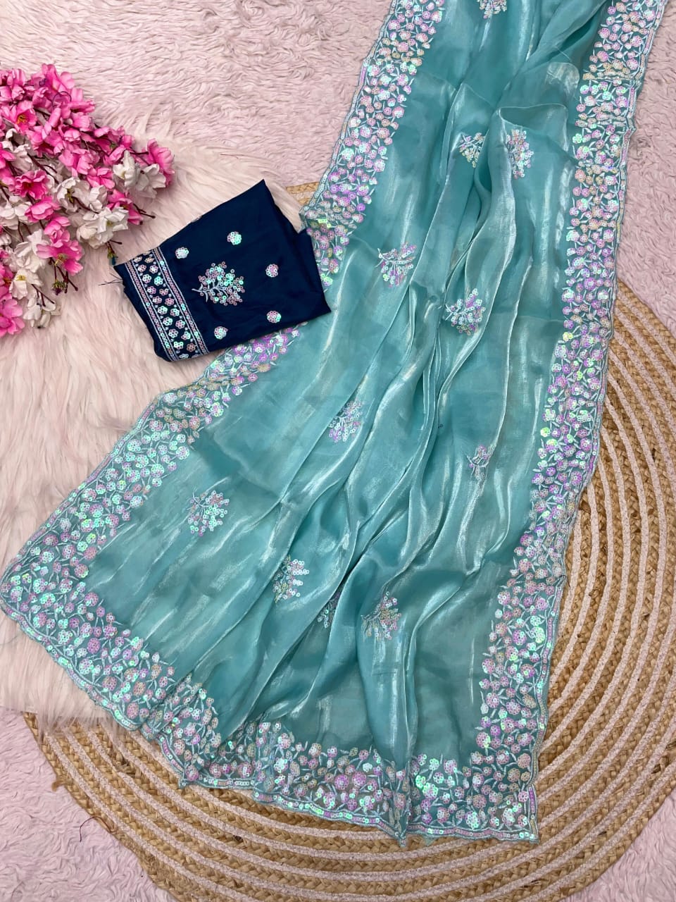 Kayatri New Luxury Party Wear Zimmy Choo Satin Saree with Arco Border & Matching Blouse
