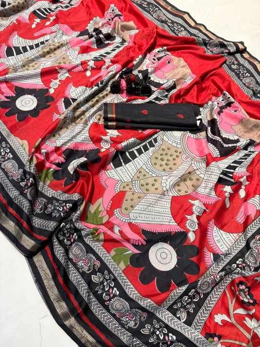 Kayatri New Premium Cotton Saree with Pen Kalamkari Design & Contrast Zari Border