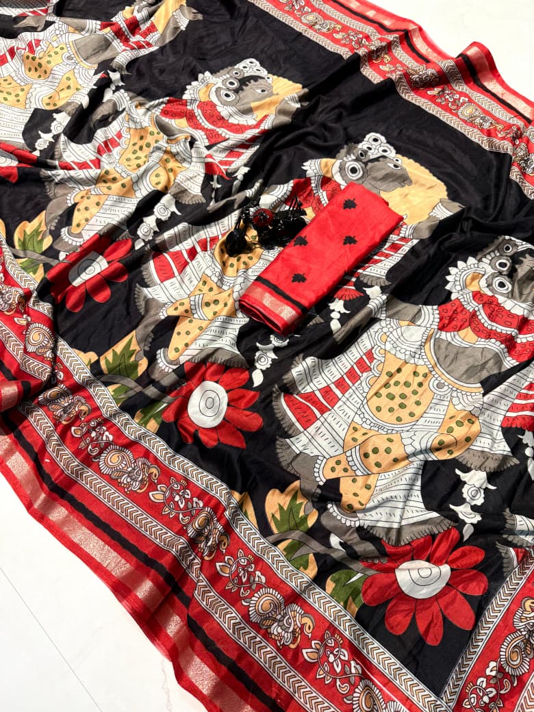 Kayatri New Premium Cotton Saree with Pen Kalamkari Design & Contrast Zari Border