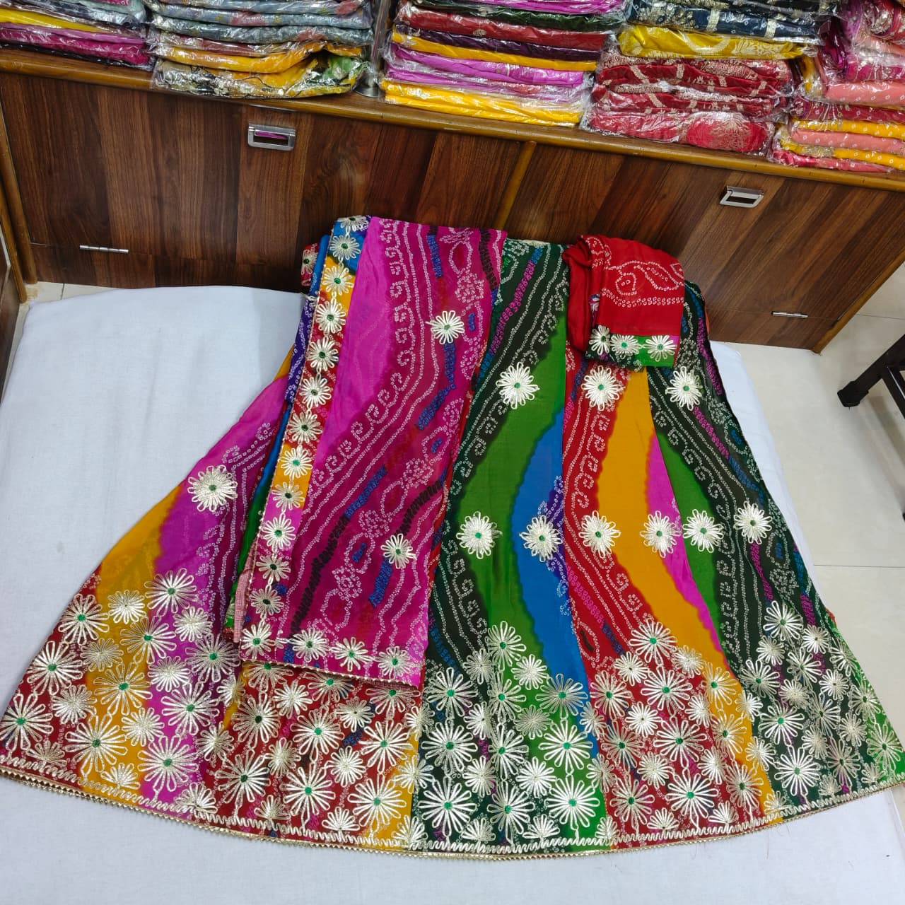Kayatri New Beautiful Multicolor Moss Lehenga with Dupatta & Gota Patti Embellishment
