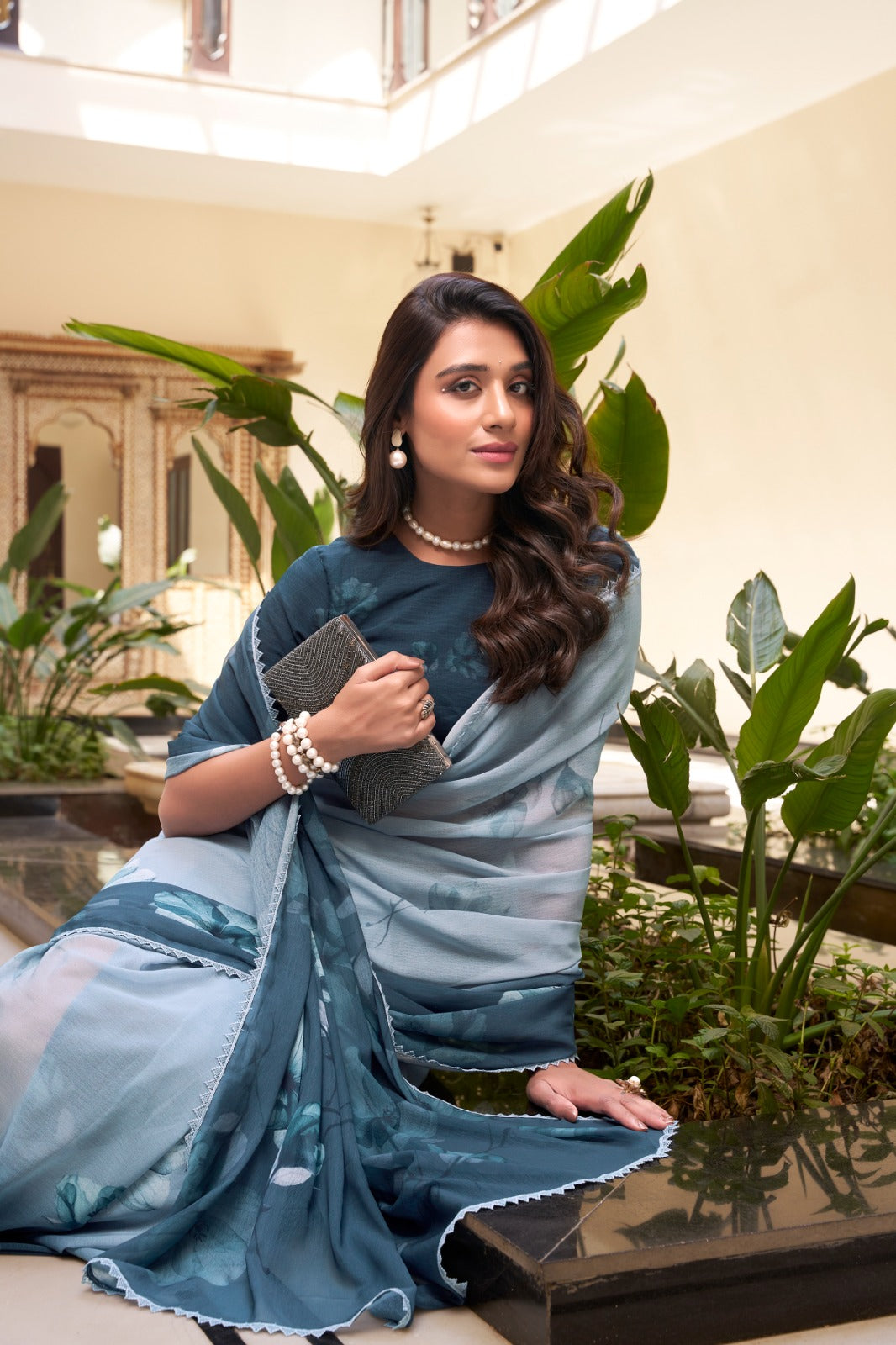 Kayatri New Stylish Marble Fabric Saree Lightweight Floral Design with Lace Touch