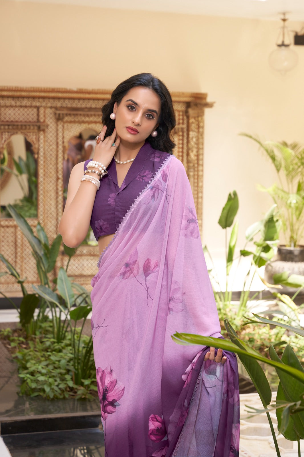 Kayatri New Stylish Marble Fabric Saree Lightweight Floral Design with Lace Touch