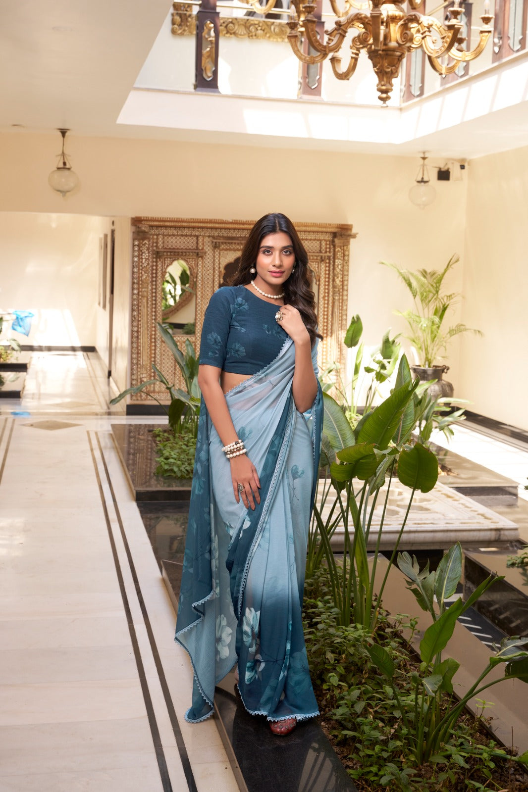 Kayatri New Stylish Marble Fabric Saree Lightweight Floral Design with Lace Touch