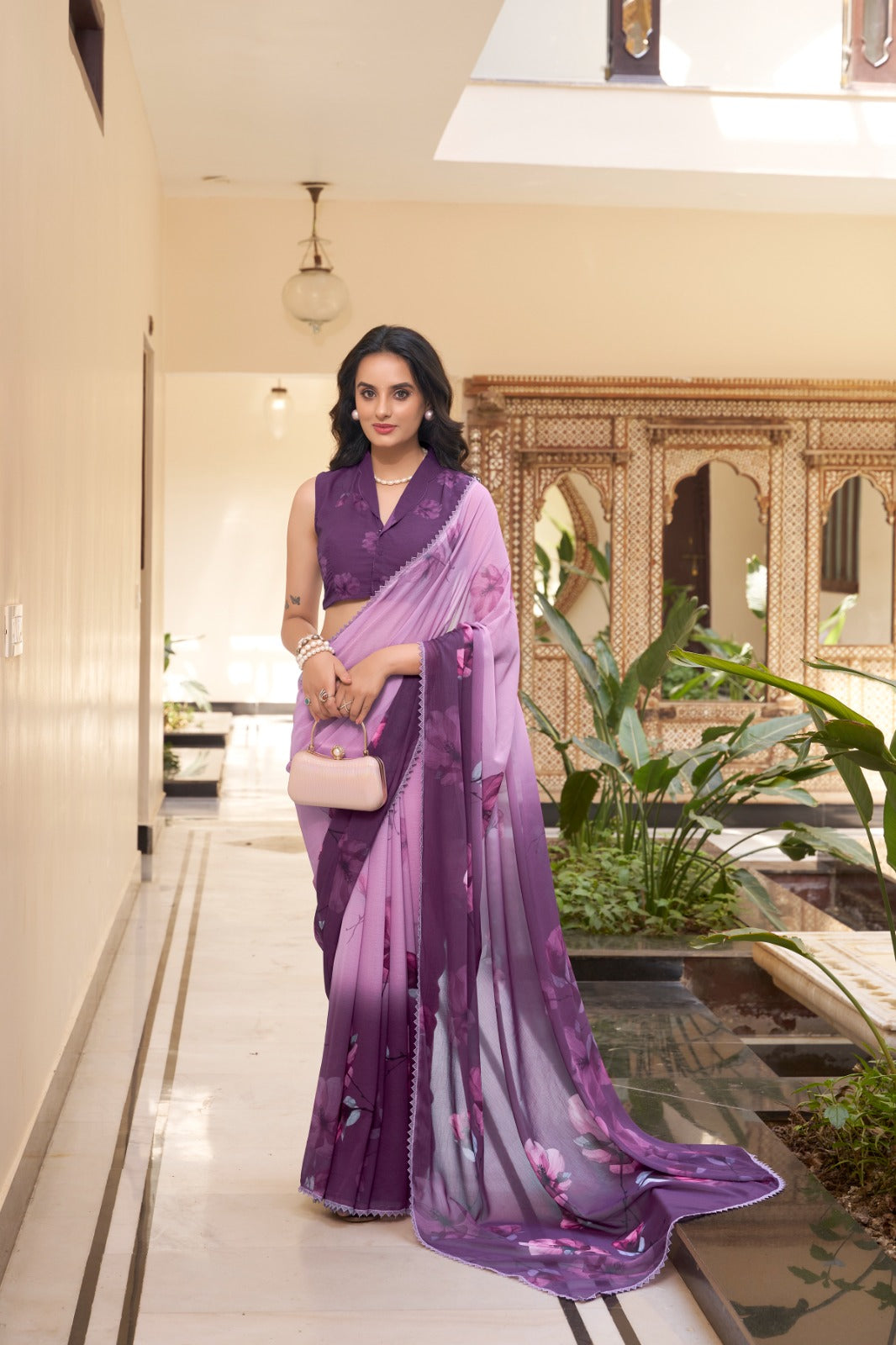 Kayatri New Stylish Marble Fabric Saree Lightweight Floral Design with Lace Touch