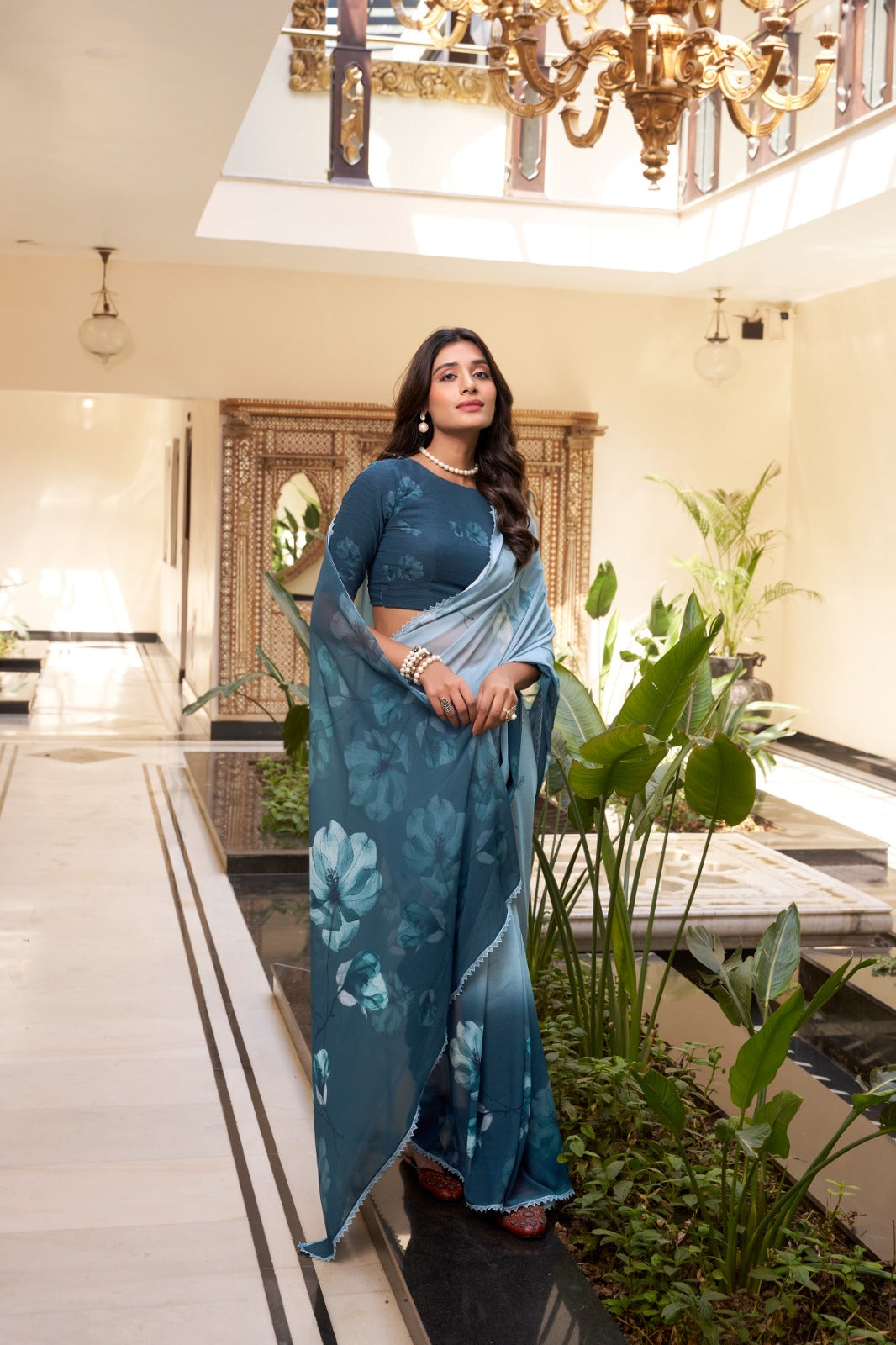 Kayatri New Stylish Marble Fabric Saree Lightweight Floral Design with Lace Touch
