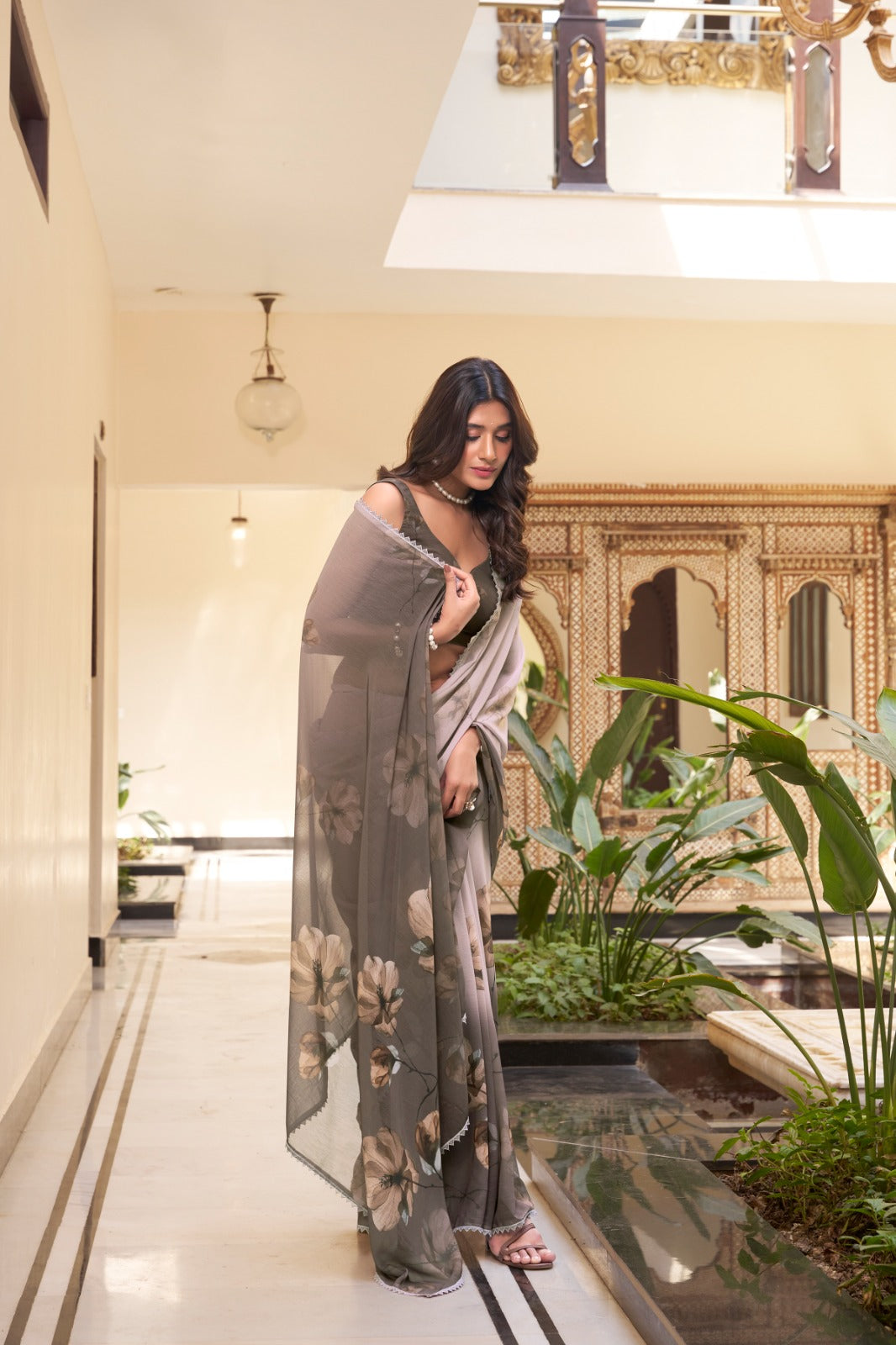 Kayatri New Stylish Marble Fabric Saree Lightweight Floral Design with Lace Touch