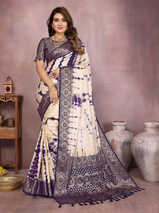Kayatri New Premium Satin Silk Saree Original Shibori Work with Zari Weaving Border & Contrast Blouse