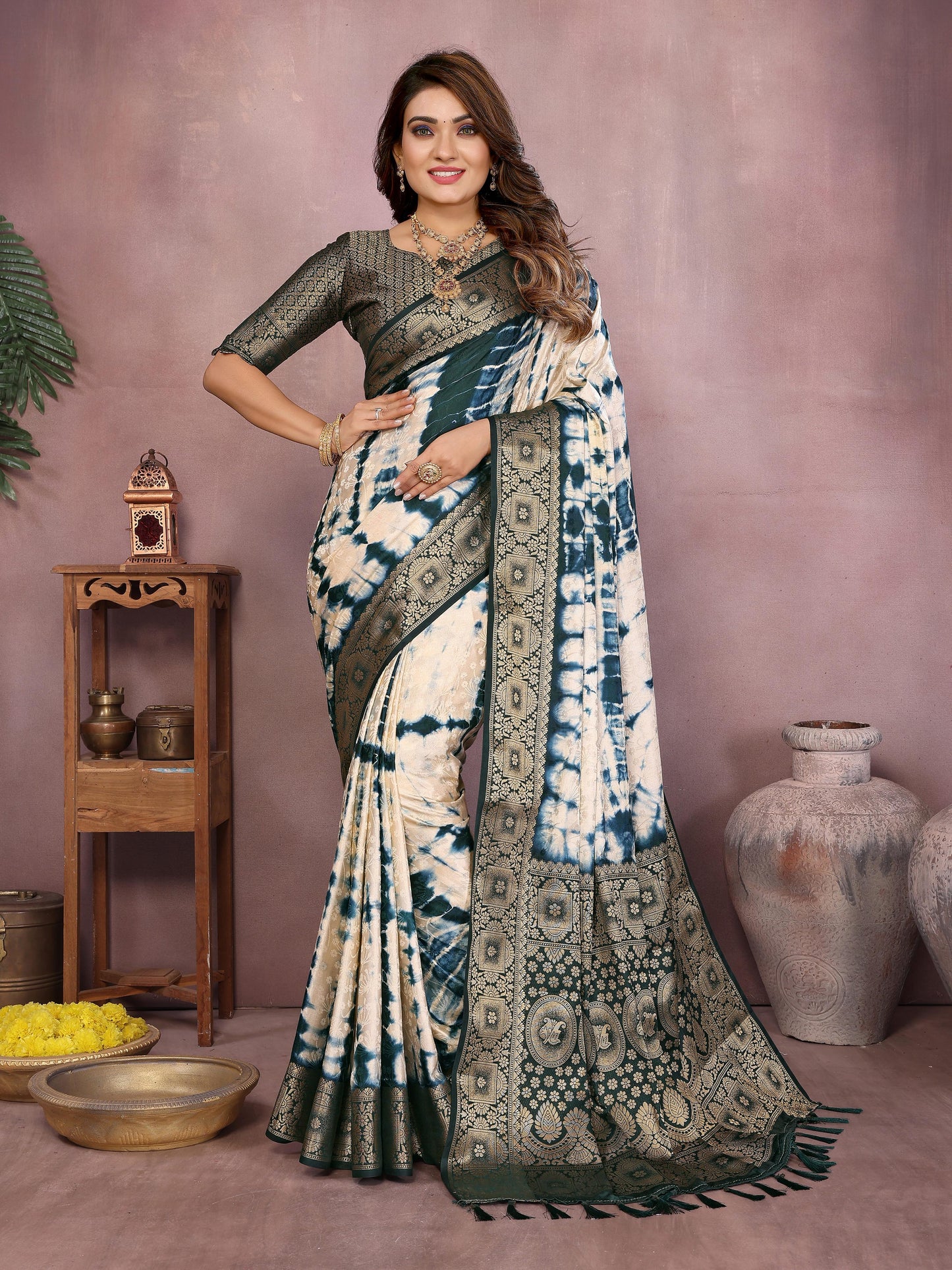 Kayatri New Premium Satin Silk Saree Original Shibori Work with Zari Weaving Border & Contrast Blouse