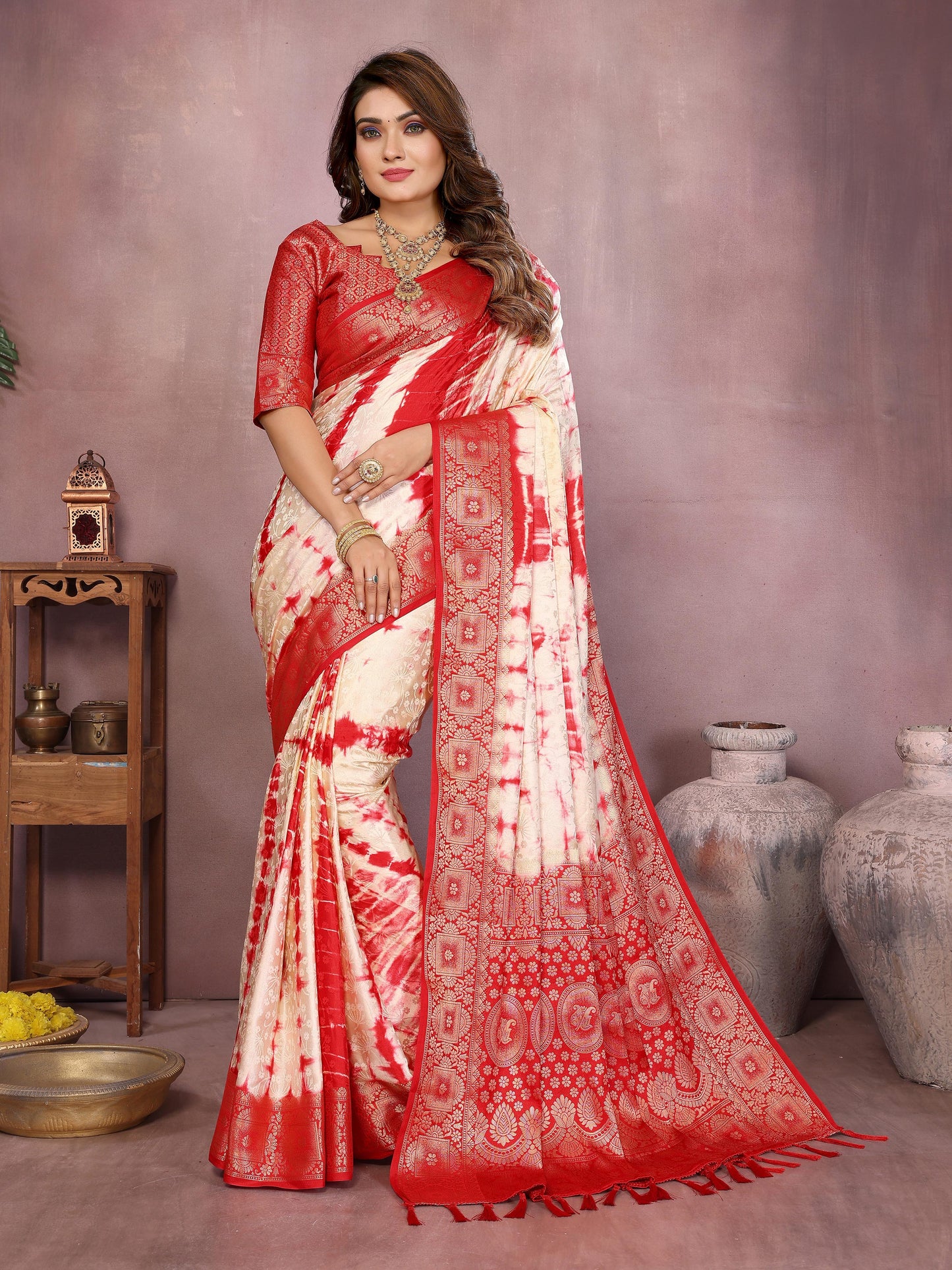 Kayatri New Premium Satin Silk Saree Original Shibori Work with Zari Weaving Border & Contrast Blouse