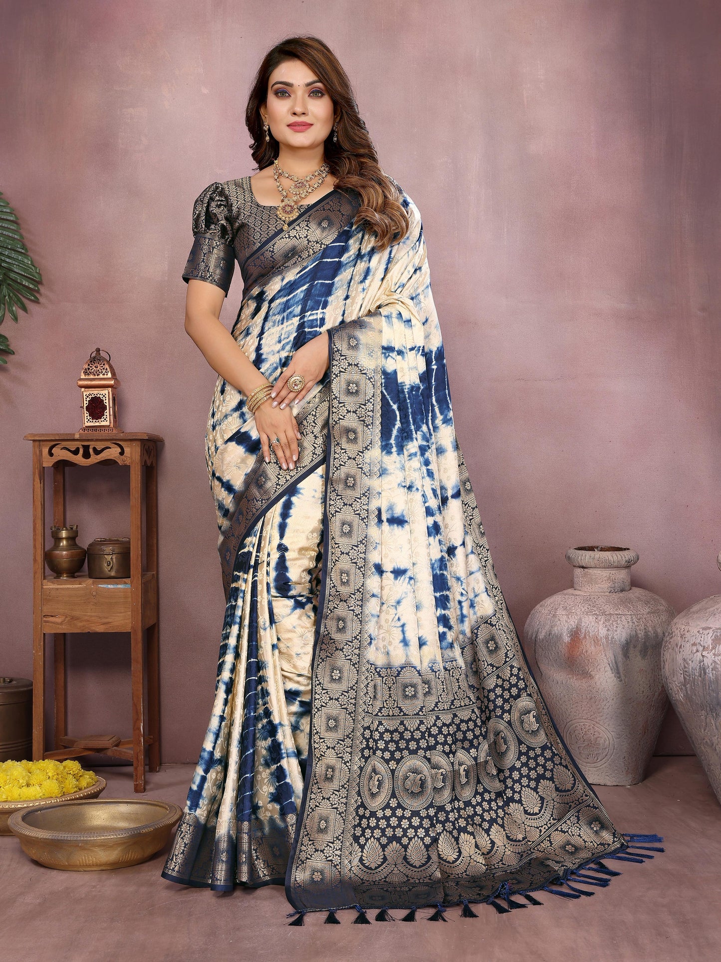 Kayatri New Premium Satin Silk Saree Original Shibori Work with Zari Weaving Border & Contrast Blouse