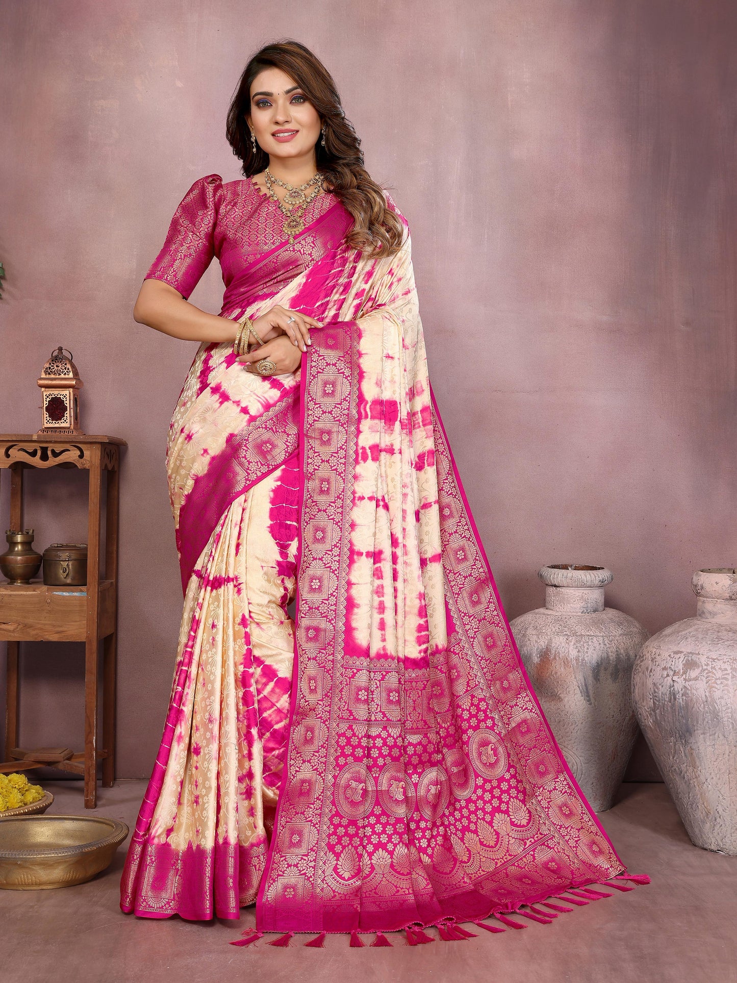 Kayatri New Premium Satin Silk Saree Original Shibori Work with Zari Weaving Border & Contrast Blouse