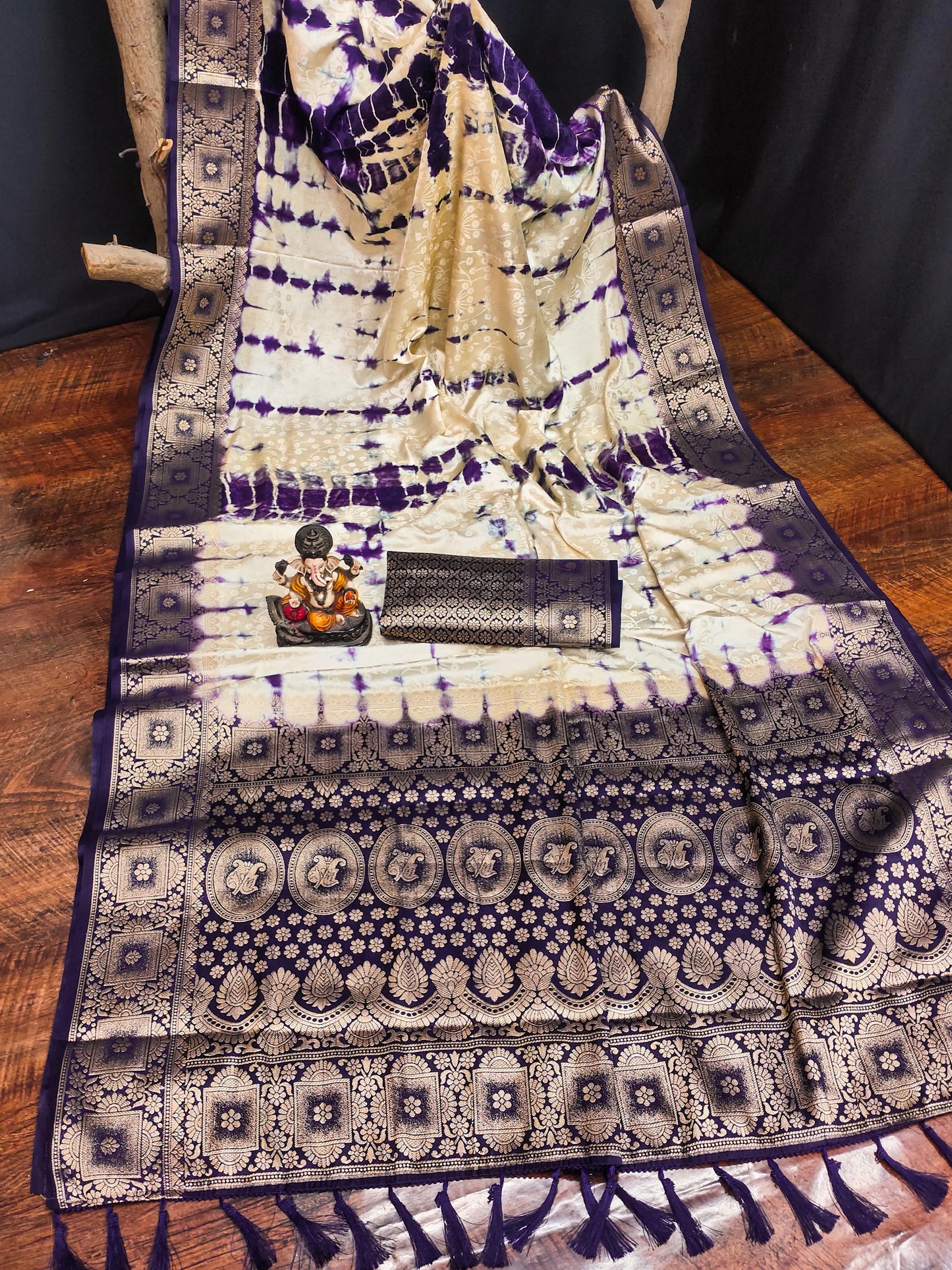 Kayatri New Premium Satin Silk Saree Original Shibori Work with Zari Weaving Border & Contrast Blouse