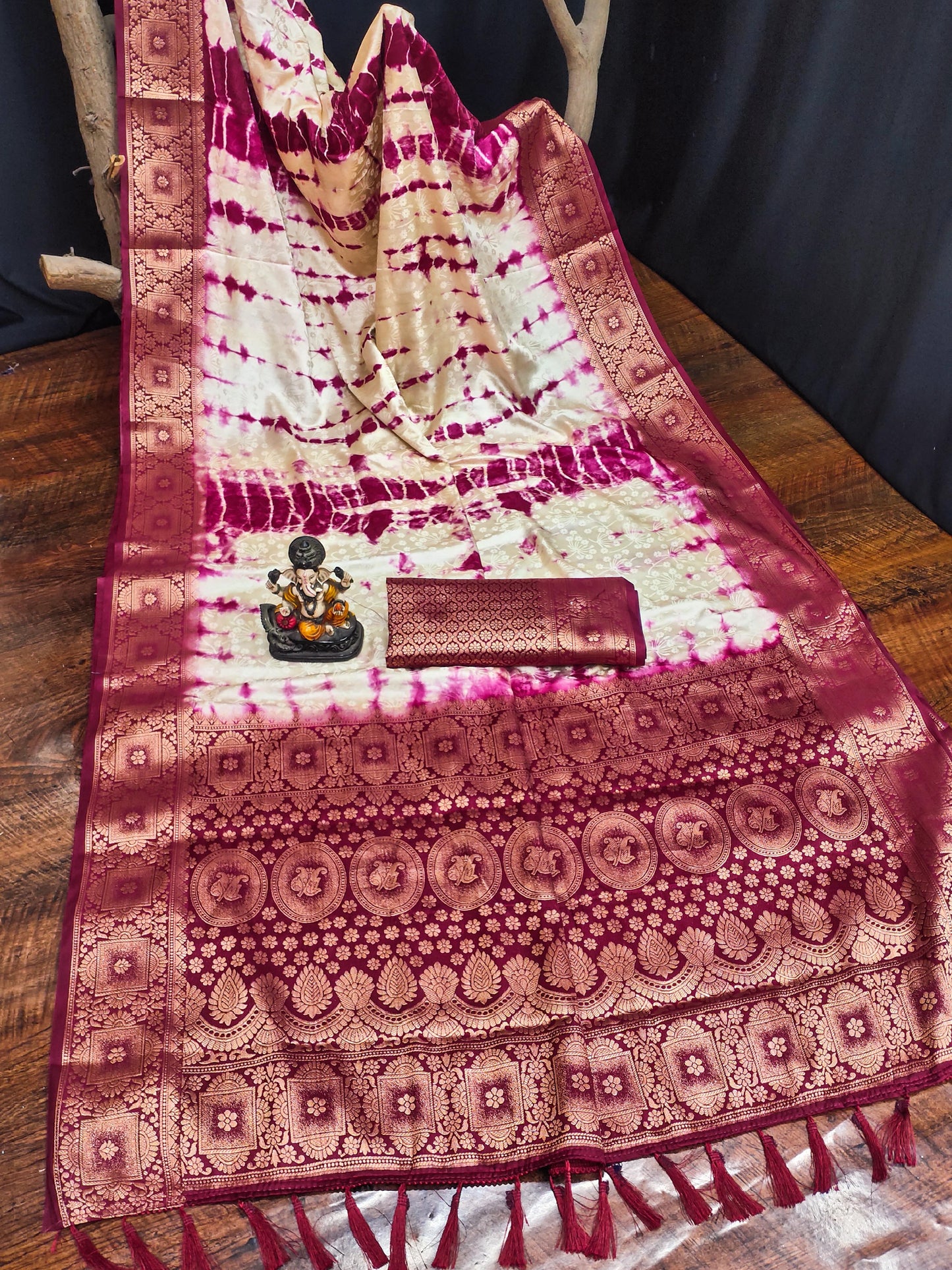 Kayatri New Premium Satin Silk Saree Original Shibori Work with Zari Weaving Border & Contrast Blouse