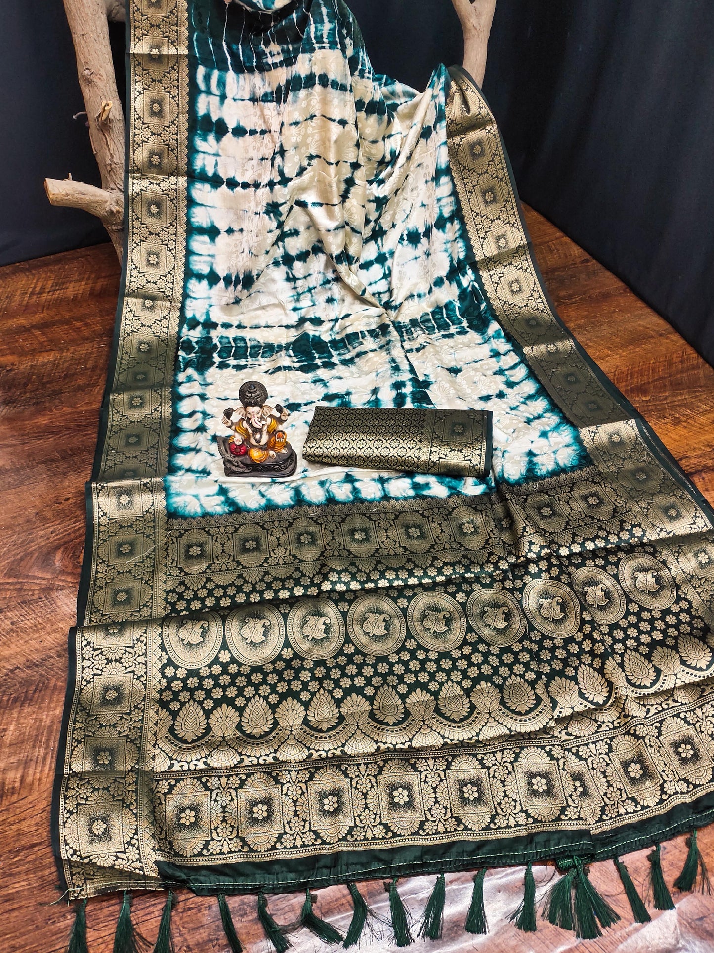 Kayatri New Premium Satin Silk Saree Original Shibori Work with Zari Weaving Border & Contrast Blouse