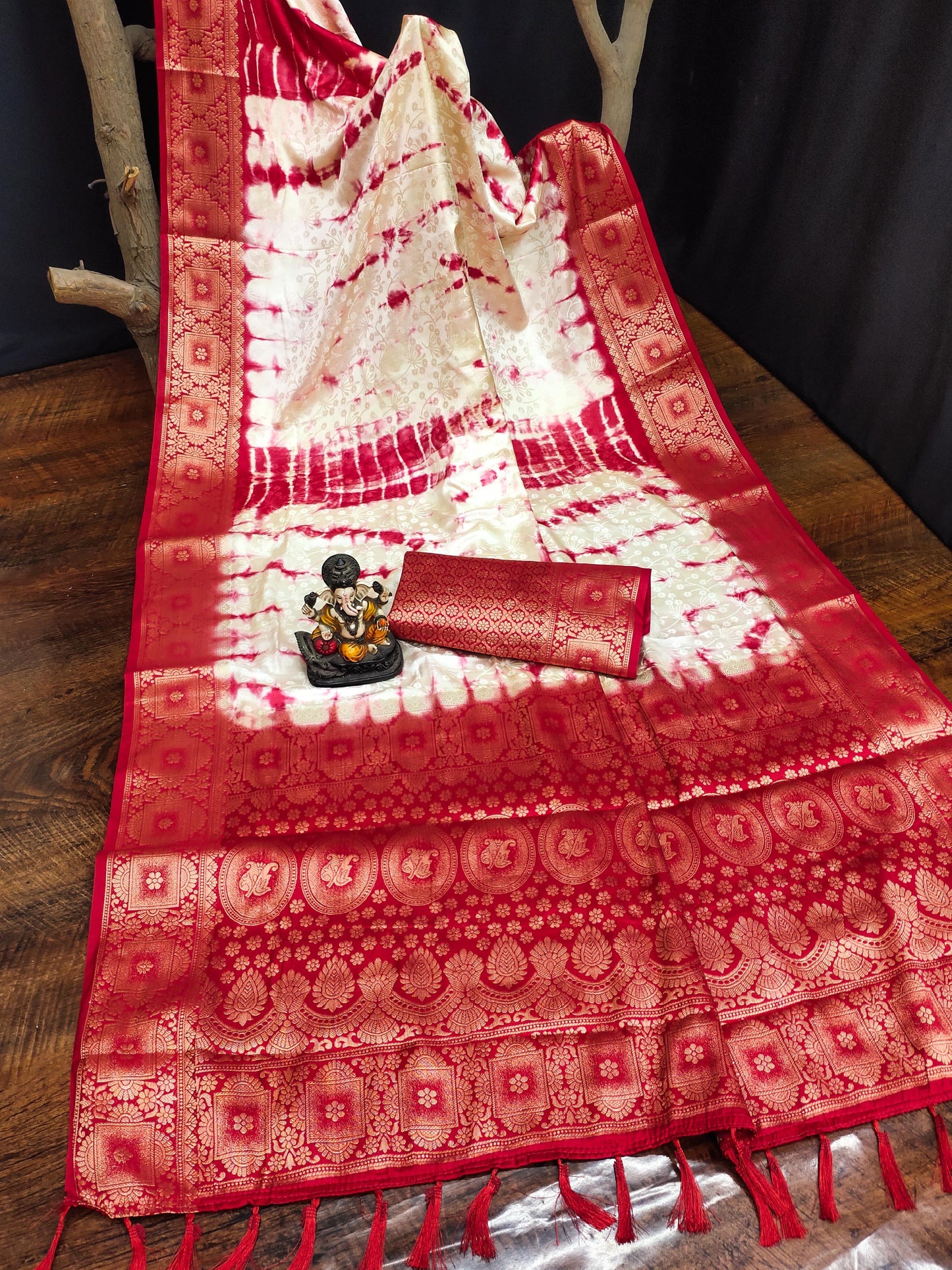 Kayatri New Premium Satin Silk Saree Original Shibori Work with Zari Weaving Border & Contrast Blouse