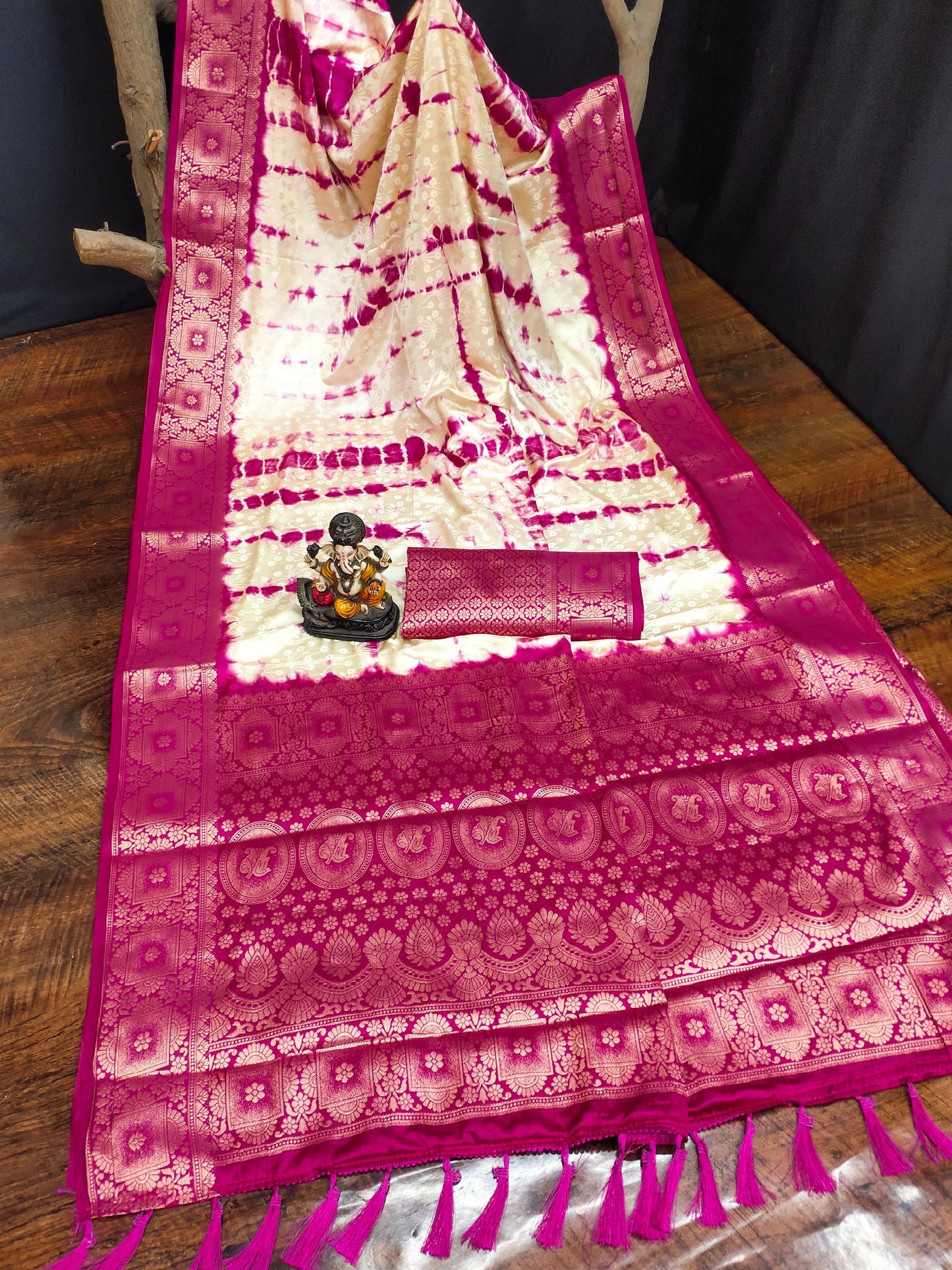 Kayatri New Premium Satin Silk Saree Original Shibori Work with Zari Weaving Border & Contrast Blouse